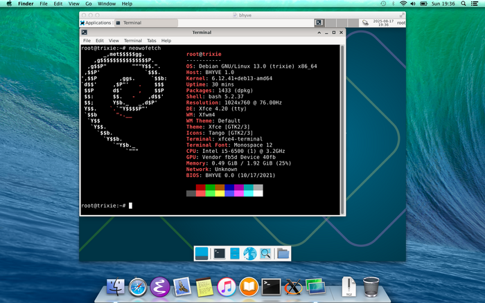 Screenshot of the Screen Sharing application with a VNC connection to a Debian virtual machine running on the bhyve hypervisor